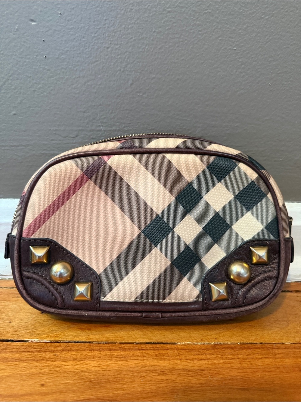 Burberry Beige Plaid Cosmetic Pouch with Dark Brown Trim and Gold Studs